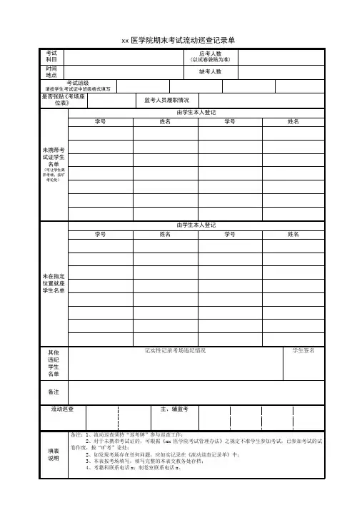 xx医学院期末考试流动巡查记录单