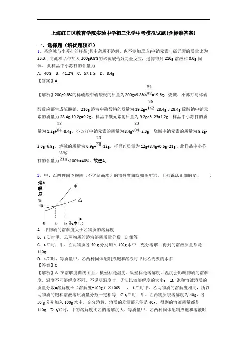 上海虹口区教育学院实验中学初三化学中考模拟试题(含标准答案)