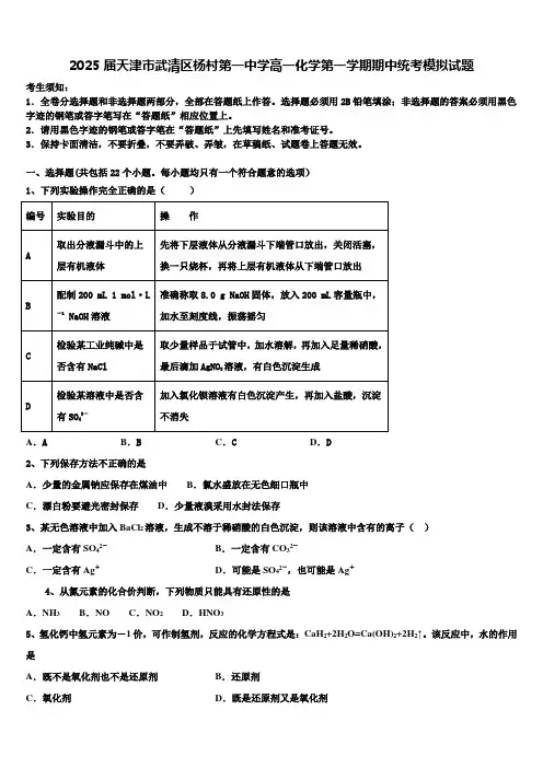 2025届天津市武清区杨村第一中学高一化学第一学期期中统考模拟试题含解析