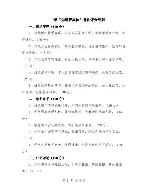 中学“先进班集体”量化评分细则