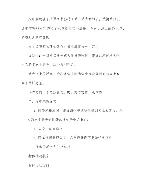 八年级下册物理浮力知识点