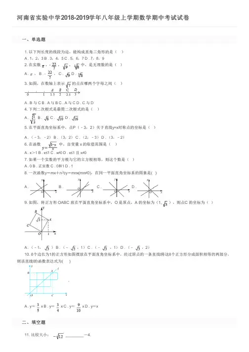 河南省实验中学2018-2019学年八年级上学期数学期中考试试卷及参考答案