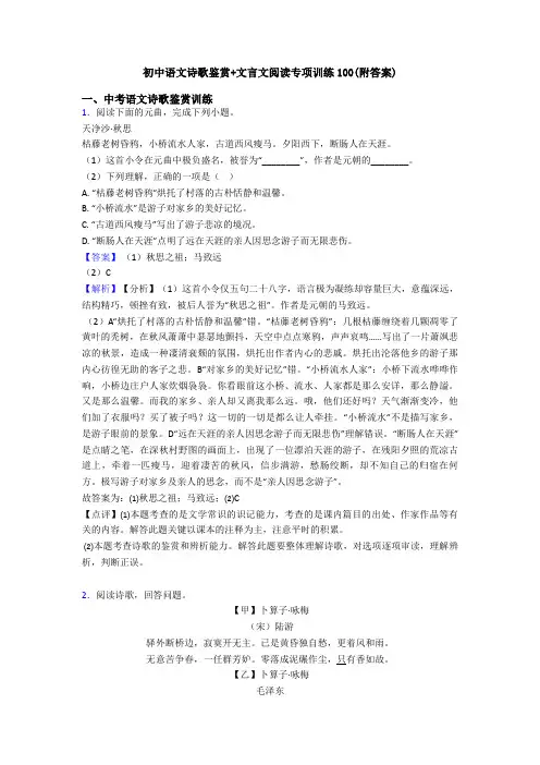 初中语文诗歌鉴赏+文言文阅读专项训练100(附答案)