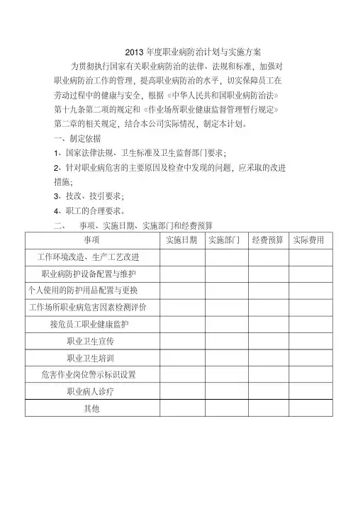 2013年度职业病防治计划与实施方案