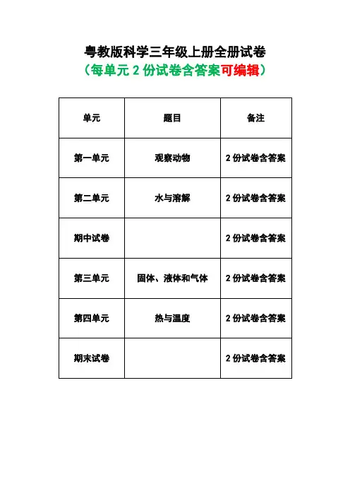 粤教版科学三年级上册全册试卷(含答案)