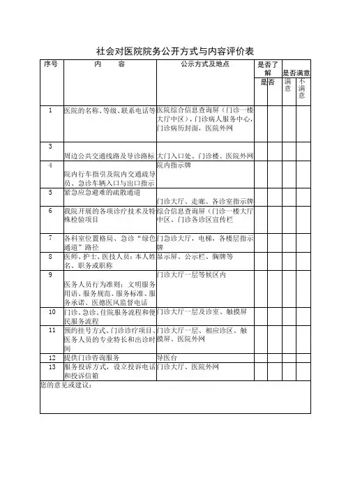 社会对医院院务公开方式与内容评价表