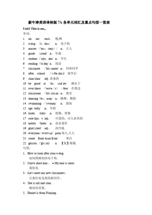 新牛津英语译林版7A各单元词汇及重点句型一览表【范本模板】