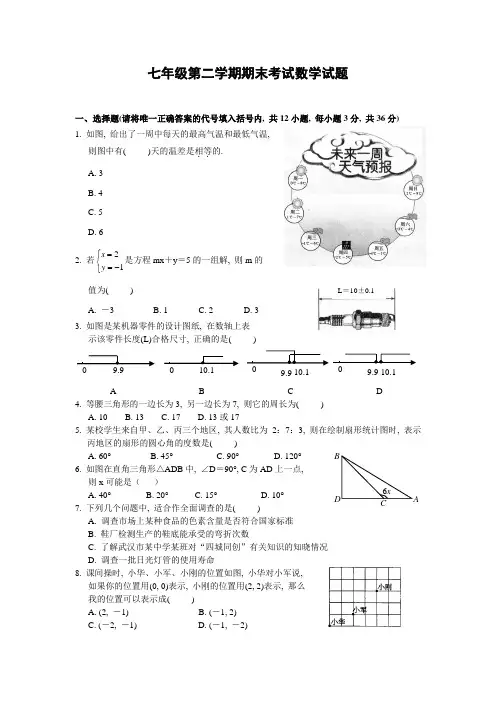 七年级第二学期期末考试数学试题及含答案