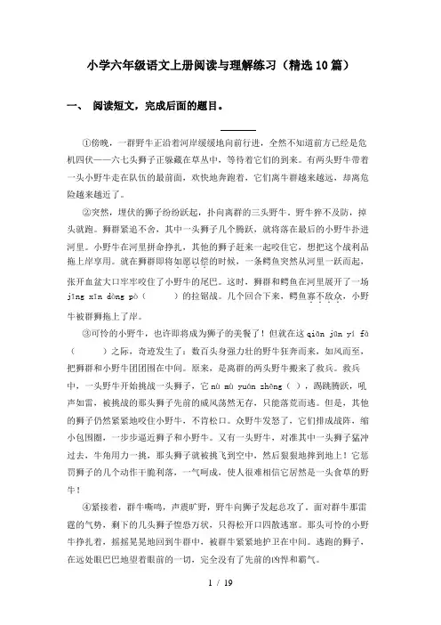 小学六年级语文上册阅读与理解练习(精选10篇)