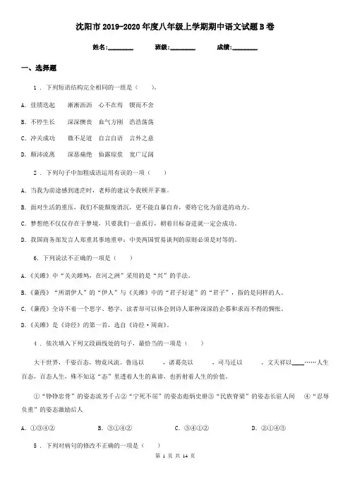 沈阳市2019-2020年度八年级上学期期中语文试题B卷