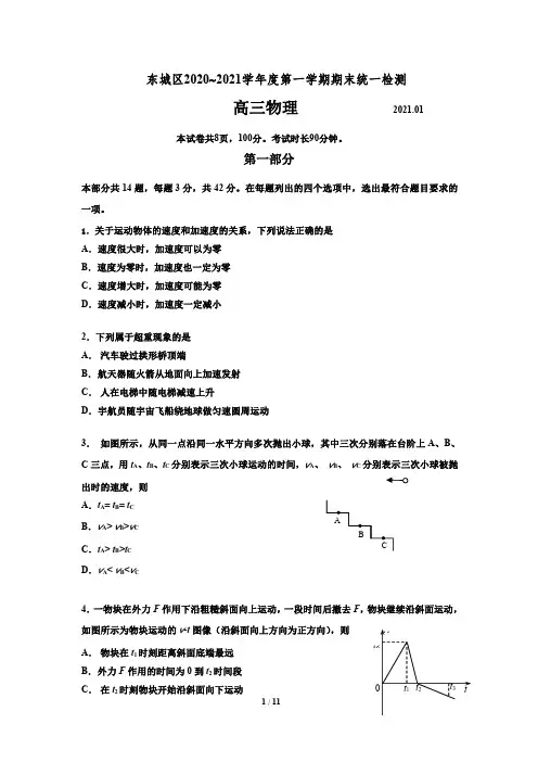 北京市东城区2020-2021学年高三上学期期末考试物理试题  (Word版,含答案)