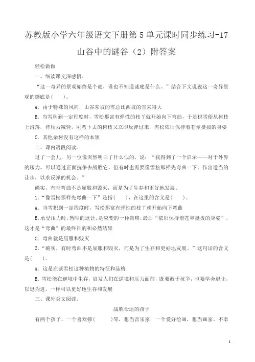 苏教版小学六年级语文下册第5单元课时同步练习-17山谷中的谜谷附答案