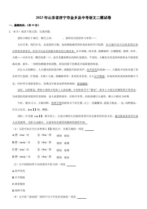 2023年山东省济宁市金乡县中考语文二模试卷
