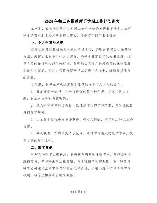 2024年初三英语教师下学期工作计划范文(六篇)