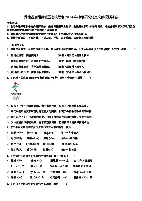 湖北省襄阳樊城区七校联考2024年中考语文对点突破模拟试卷含解析