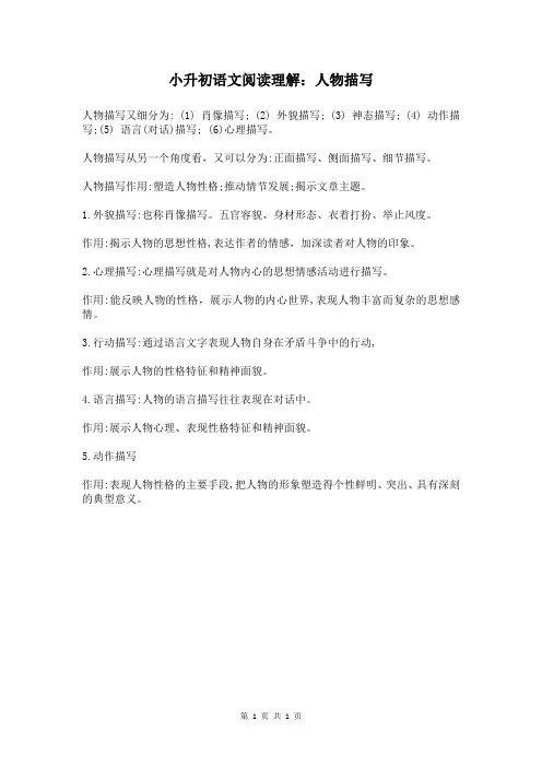 小升初语文阅读理解：人物描写