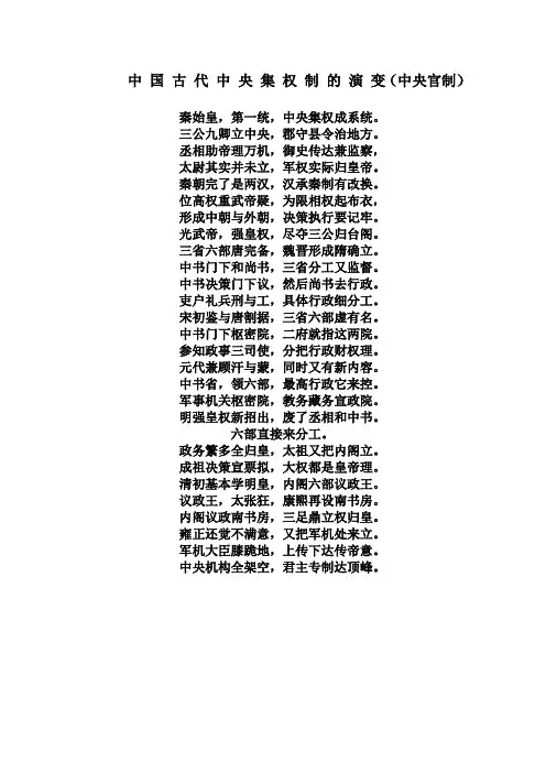 中国古代中央集权制的演变(记忆口诀)