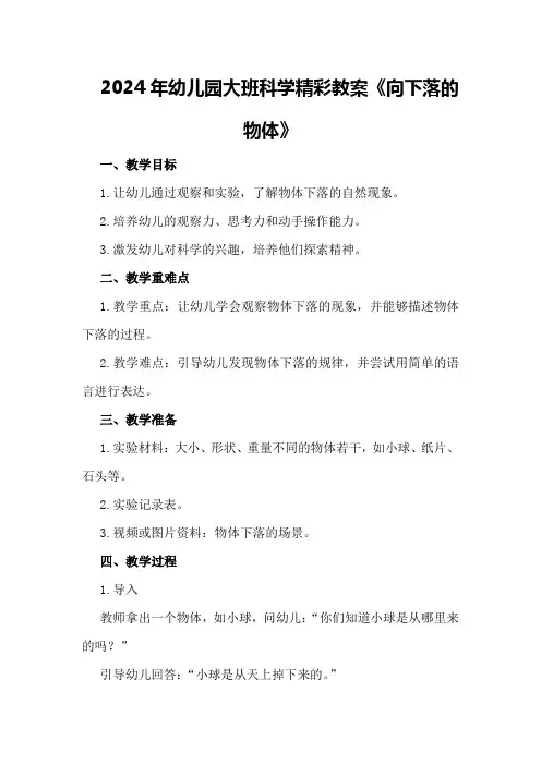 2024年幼儿园大班科学精彩教案《向下落的物体》