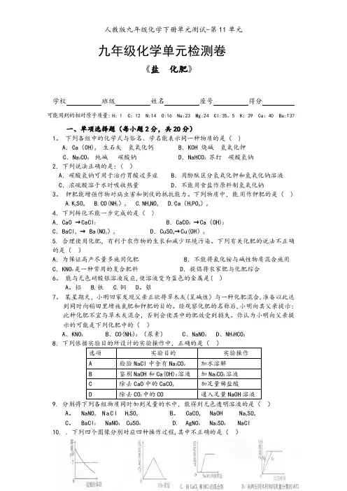 人教版九年级化学下册单元测试-第11单元