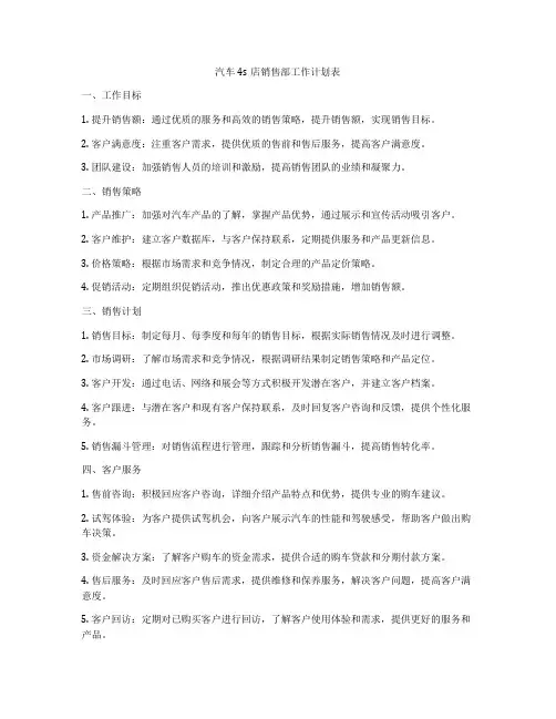 汽车4s店销售部工作计划表
