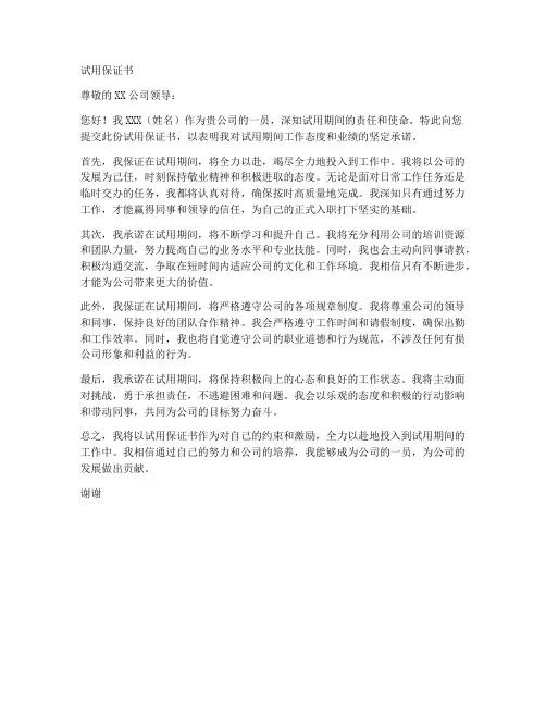 试用保证书范文