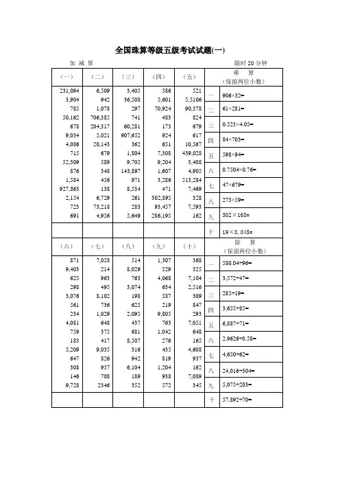 全国珠算等级五级考试试题版