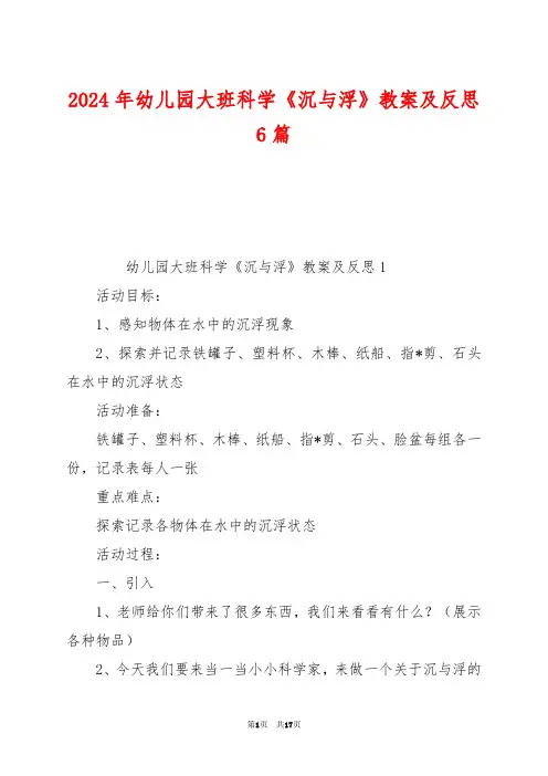 2024年幼儿园大班科学《沉与浮》教案及反思6篇