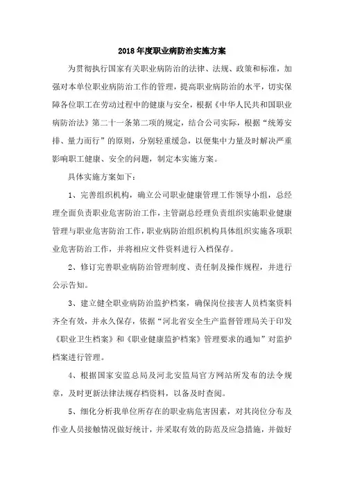2018职业卫生防治实施方案、计划