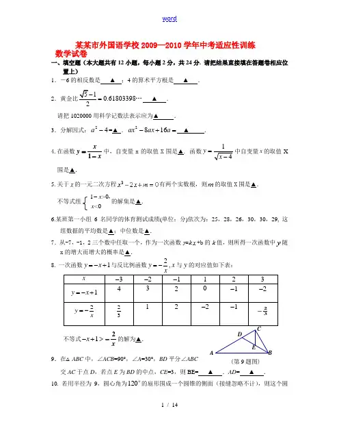 江苏省江镇江市外国语学校2009—2010年中考数学 适应性训练 苏科版