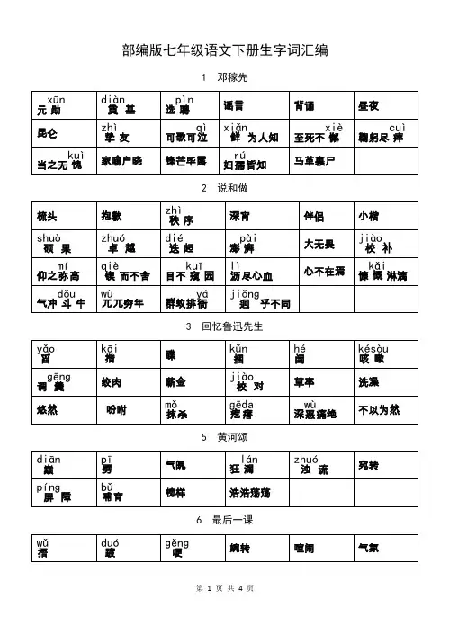 部编版七年级语文下册生字词汇编