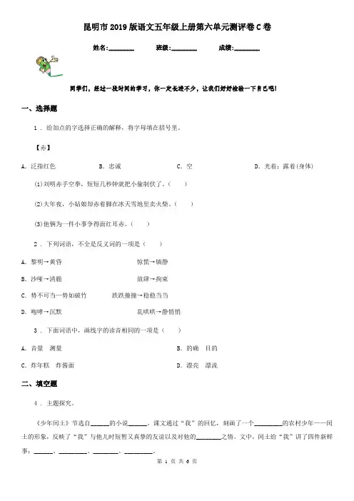 昆明市2019版语文五年级上册第六单元测评卷C卷
