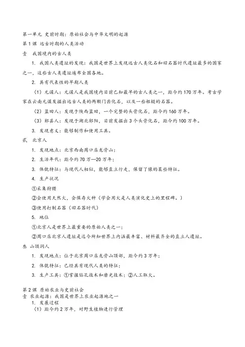 第一单元 史前时期：原始社会与中华文明的起源知识点2024~2025学年统编版七年级历史上册