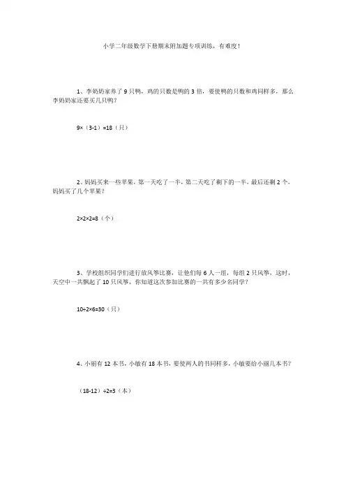 小学二年级数学下册期末附加题专项训练,有难度!