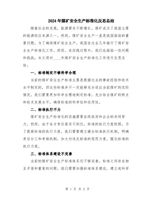 2024年煤矿安全生产标准化反思总结