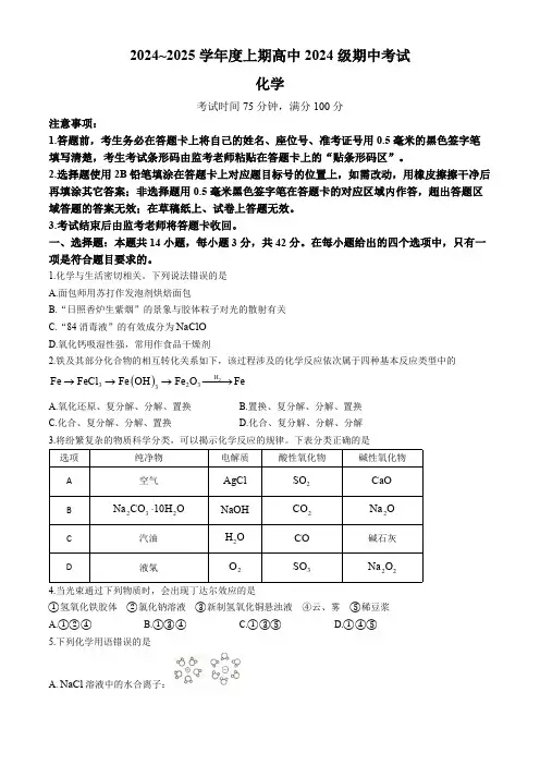 四川省成都市蓉城联盟2024-2025学年高一上学期11月期中考试化学试卷(无答案)