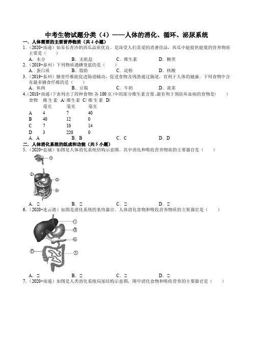 中考生物试题分类(4)——人体的消化、循环、泌尿系统   解析版