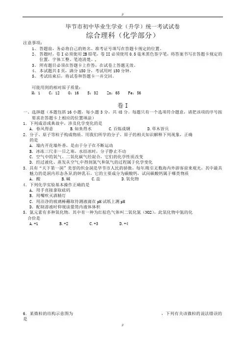 2020届贵州省毕节市中考理综(化学部分)试题(有答案)(已审阅)