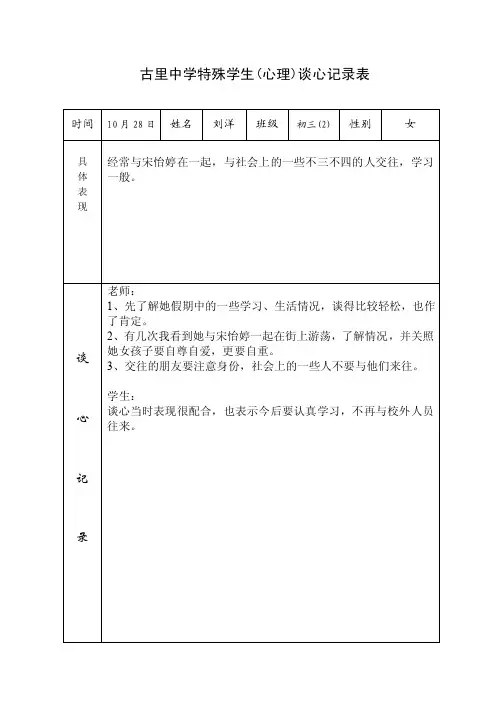 古里中学特殊学生（心理）谈心记录表