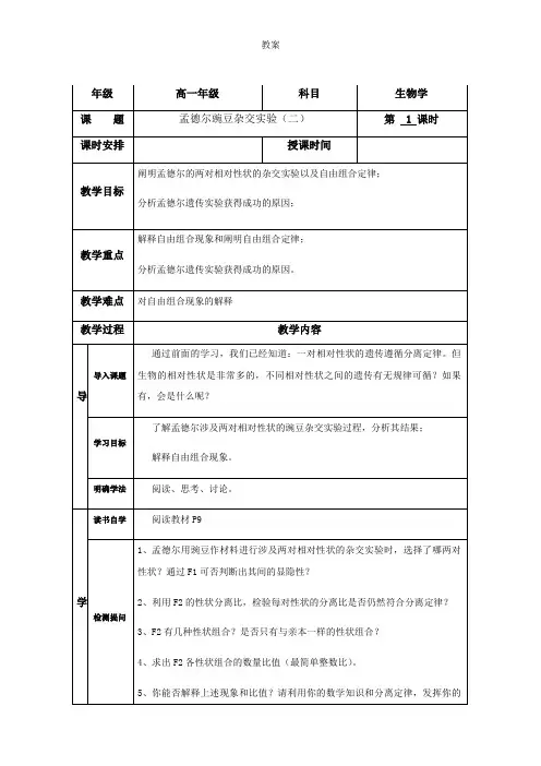 1.2 孟德尔的豌豆杂交实验(二)1 人教版高中生物必修二教案