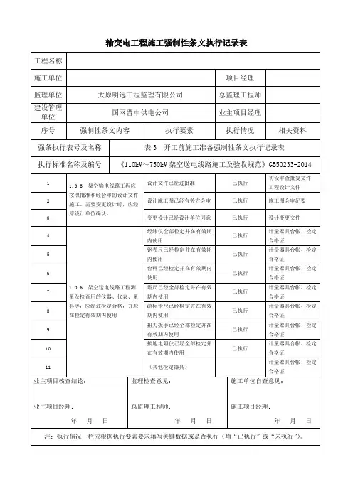架空线路强制性条文执行计划及记录表