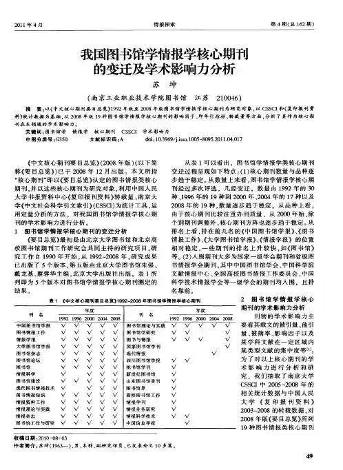 我国图书馆学情报学核心期刊的变迁及学术影响力分析