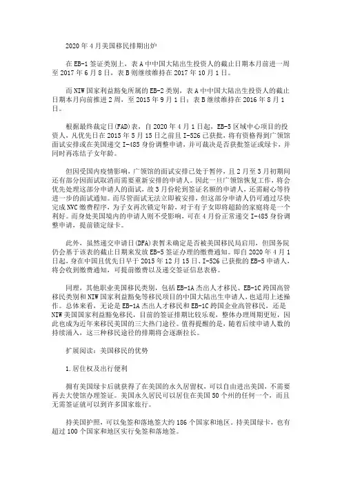 2020年4月美国移民排期出炉(最新)
