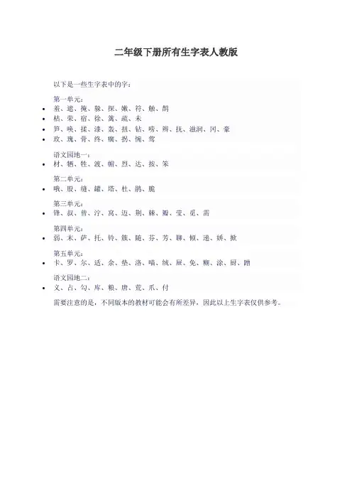 二年级下册所有生字表人教版