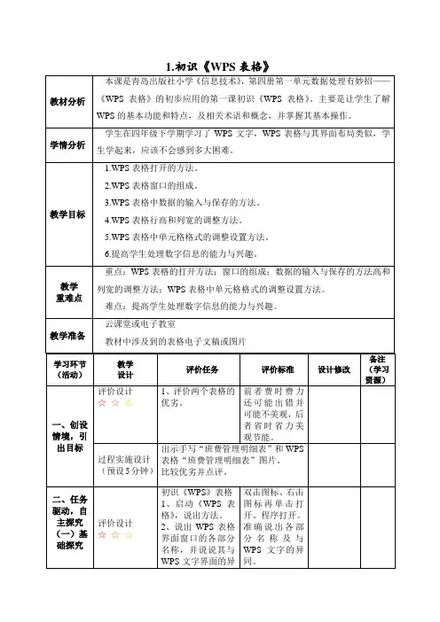 六年级下学期信息技术第1课初识WPS表格(教案) 青岛版