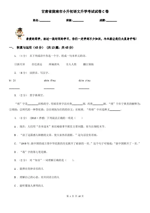 甘肃省陇南市小升初语文升学考试试卷C卷