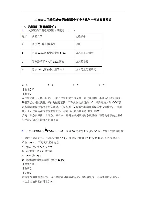 上海金山区教师进修学院附属中学中考化学一模试卷解析版