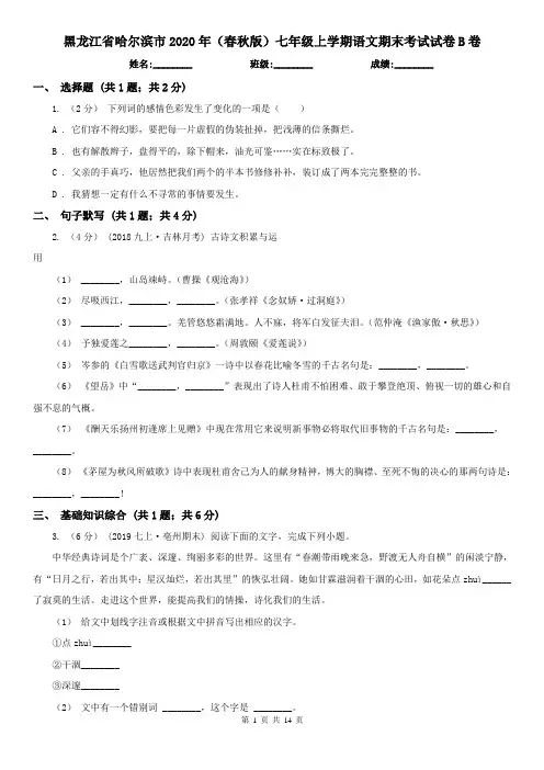黑龙江省哈尔滨市2020年(春秋版)七年级上学期语文期末考试试卷B卷