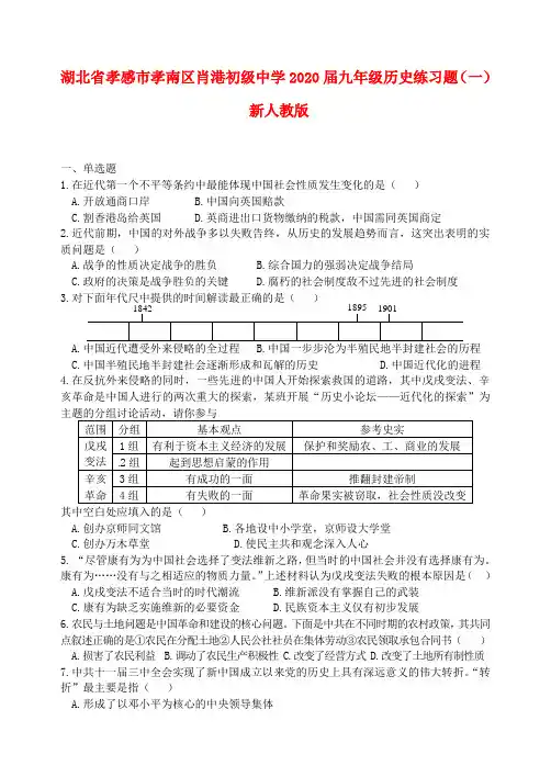 湖北省孝感市孝南区肖港初级中学2020届九年级历史练习题(一) 新人教版