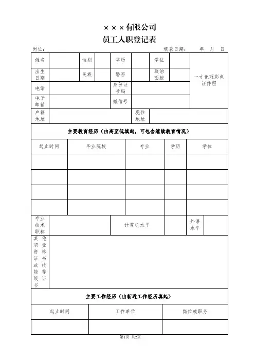 公司员工入职登记表模板_HR工作用表