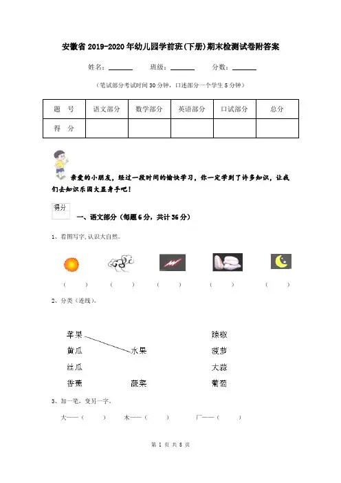 安徽省2019-2020年幼儿园学前班(下册)期末检测试卷附答案